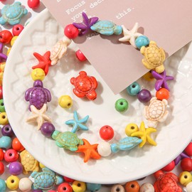 ANCADN 210pcs Turquoise Beads Sea Turtle Beads Floral White Turtle Charms Synthetic Turquoise Beads Starfish Beads for Jewelry Craft Making (Color)