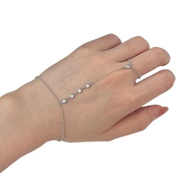 925 Sterling Silver CZ Diamond Finger Ring Bracelet Hand Chain for Women, Slave Bracelets 7" to 9" Adjustable