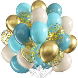 Balloons Birthday Blue, 60 Pieces 12 Inch Balloons Teal Blue Beige Balloons, Metallic Gold Confetti Balloons Sand White Latex Balloons for Wedding Engagement Christening Baby Shower Party Decoration
