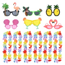 Gukasxi 12 Pcs Hawaiian Leis Garlands and Funny Party Sunglasses, Hawaiian Fancy Lei Necklace Wreath Hawaiian Hula Costume Dress Party Supplies for Women Men Kids Summer Beach Hawaii Party Decoration
