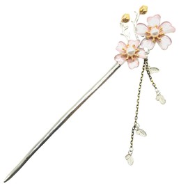 Miaomyao Kanzashi Single Piece Kimono with Closure Sleeves Hair Ornament, Metal, Antique Cubic Zirconia, Pair of Couples, Double Flowers, Cherry Blossoms, Petals, Buds, Pearl, Silver Hair Accessory