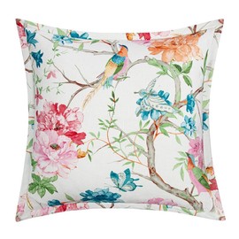 HiEnd Accents Rowan Washed Linen Euro Sham, 27x27 inch, Garden Green Floral, Watercolor Flower Bird Print, Classic Chic Casual Traditional Pillow Covers