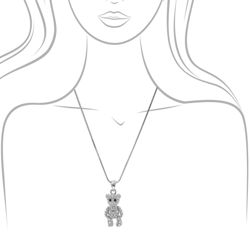 Spinningdaisy Crystals Silver Plated Movable Teddy Bear Necklace
