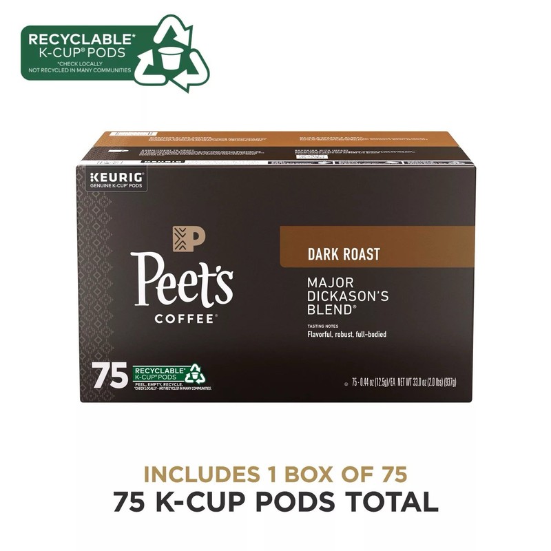 Peet's Coffee Dark Roast K-cup Pods, Major Dickason's Blend, 75