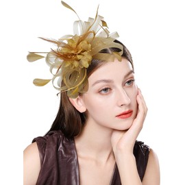 ELLYDOOR Mesh Fascinators for Women Sinamay Derby Headband Wedding Tea Party Hat Feather Flower Hair Clip Gold