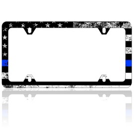 Vintage American Flag Thin Blue Line License Plate Frame Patriotic License Plate Frames Funny Auto Accessory Bracket Stainless Steel License Plate Holder with Screws for Women Men 6x12 Inch 4 Holes