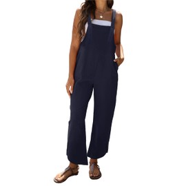 Omoone Women Sleeveless Cotton Straps Baggy Jumpsuit Overalls Casual Summer Bib Rompers Pockets (3124-Blue-L)