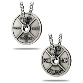 Shields of Strength Men's Weight Plate Necklace Philippians 4:13 Bible Verse for Gym Fitness Athlete Weightlifter Christian Gifts Dumbbell Jewelry