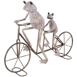 Deco 79 Metal Frog Decorative Garden Sculpture On Bicycle Garden Statue with Gold Accents, Outdoor Sculpture 23" x 6" x 17", Copper