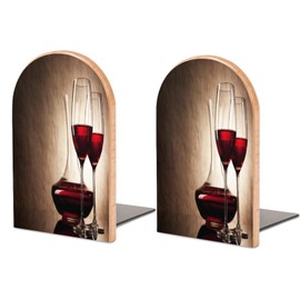 DEHOZO 2 Pack Wood Bookends, Vintage Red Wine Glass Non-Skid Book Ends for Heave Books, Decorative Bookends for Shelves Desk, Book Stoppers Book Holders for Home Office Library School