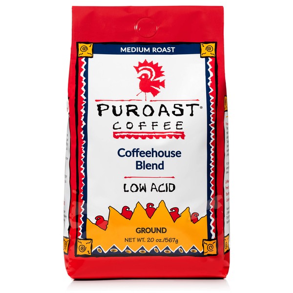 Puroast Low Acid Coffee Ground, Coffeehouse Blend, Medium Roast, Certified Low Acid Coffee, pH 5.5+, Gut Health, 20 oz, Higher Antioxidant, Smooth for Espresso, Iced Coffee