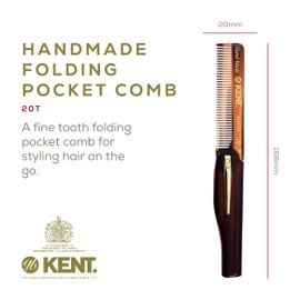Kent 20T Handmade Folding Pocket Comb for Men, Fine Tooth Hair Comb Straightener for Everyday Grooming Styling Hair, Beard or Mustache, Use Dry or with Balms, Saw Cut Hand Polished, Made in England