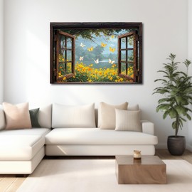 TIEHAOMAI Farmhouse Window Canvas Wall Art Butterflies Pictures Yellow Wildflower Prints for Hallway Decor（Farm-5,16x24inch (40x60cm)