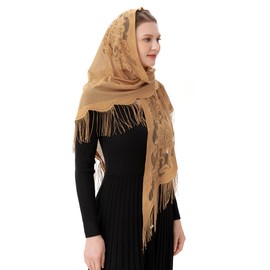 PAMOR Triangle Catholic Church Veil Chapel Veil Scarf Mantilla Veils Wrap Shawl Mass Head Covering with Fringe Trim (Beige)