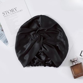 100% Mulberry Silk Reversible Sleep Bonnet – 22 Momme, Double-Layer Hair Wrap & Night Cap for Women (Black)