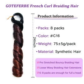 French Curl Braiding Hair Extensions Lightweight French Curl Crochet Braids for Black Women Loose Wavy 8 Packs Pre Stretched Synthetic Braiding Hair 24 Inch 1B/33/30