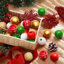 DISENB 240 Pieces Christmas Wooden Beads with Rope, Natural Red Green Gold 16mm Colored Round Winter Christmas Wood Beads for Xmas DIY Jewelry Making Garland Home Holiday Party Decor