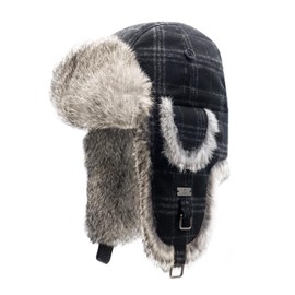 Kurhatic Winter Trapper Hat, Warm 100% Rabbit Fur Aviator Hat, Russian Trooper Hunting Ski Hat with Ear Flaps for Men & Women XL Black Grey