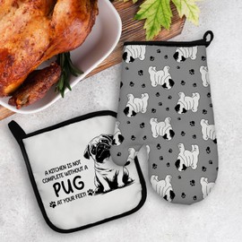 Mingnei Pug Dog Oven Mitts and Pot Holders Sets, Pug Gifts for Pug Lovers, A Kitchen is not Complete Without a Pug Dog Heat Resistant Potholder Kitchen Decor for Cooking Baking BBQ Grilling