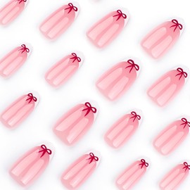 24Pcs Bow Press on Nails Short Almond French Tip Fake Nails Cute Bows Nails Design Holiday Glue on Nails White Nail Tips False Nails with Glue Handmade Nails for Women Valentines Manicure Decoration