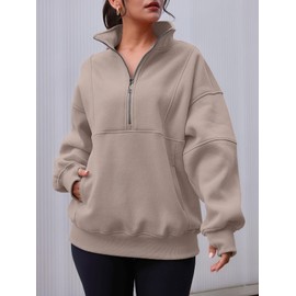 AUTOMET Women's Half Zip Oversized Sweatshirts Fleece Pullover Long Hoodies Casual Mock Turtleneck Sweaters with Pockets Beige M