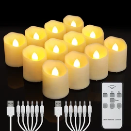 FPOO Rechargeable Flameless Tea Lights Candles with Timer & Remote, 12pcs Flickering LED Votive Candles with 2 USB Charging Cables, Warm White Light Electric Fake Candle for Home, Halloween Xmas Decor