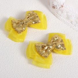 4" Daffodil Yellow Mesh Ribbon Hair Bow Clips with Glitter Gold Sequin Bow-knot Alligator Hairpins for Teens Toddler Girls Women Spring Summer Fall Dress decor Accessory