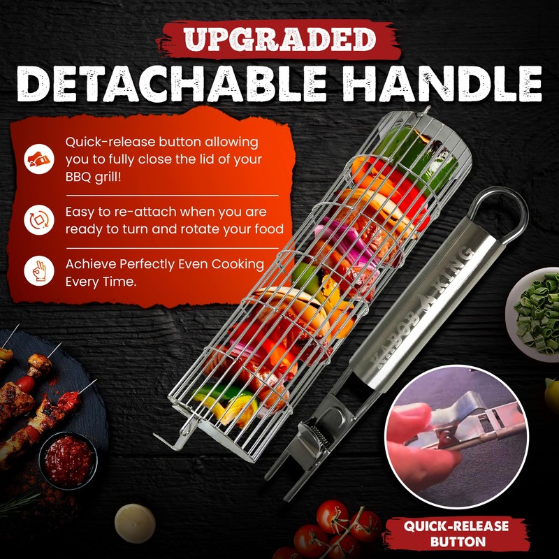 ORIGINAL Rolling Grill Basket Set of 2 w/Detachable Handle. Stainless