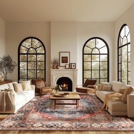 Washable Area Rugs 8x10 Large 8x10 Area Rugs Non Slip Rug Low Pile Area Rug Distressed Printed Carpet Soft Area Rug for Living Room Dinning Room Bedroom Playroom Indoor-Dark Red