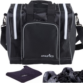 Athletico Bowling Bag & Seesaw Polisher Bundle - Single Ball Tote Bag with Padded Ball Holder - Fits a Single Pair of Bowling Shoes Up to Mens Size 14 (Black)