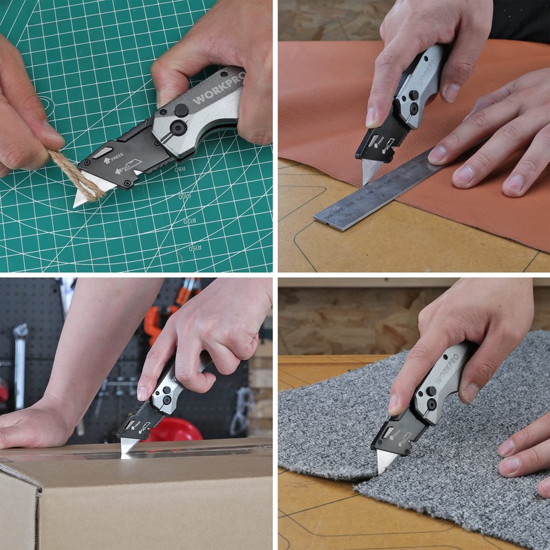 WORKPRO Folding Utility Knife, Heavy Duty Metal, Quick Open Botton