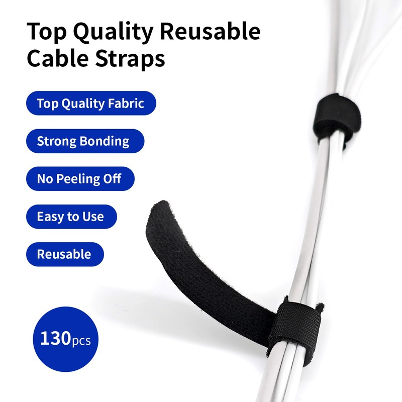 130-Pack Reusable Cable Management Straps, 6 Inch Self-Adhesive Hook &