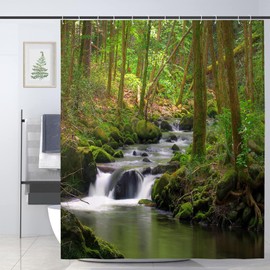 JOOCAR Design Shower Curtain, Nature Flowing Stream Forest Waterfall Landscape Green Trees Mossy Rocks Themed Scenery, Waterproof Cloth Fabric Bathroom Decor Set with Hooks, 180x180 cm