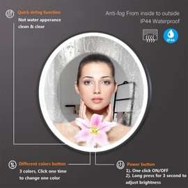 LED Bathroom Mirror with Lights 24'' Round Black Frame Vanity Mirror with Touch Lights Wall Mounted Mirror for 3Colors Dimmable Anti-Fog Memory Smart Light up Makeup Mirror Large Circle Wall Mirror