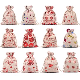 Zayvor 12 Pack Christmas Jute Burlap Bags Christmas Drawstring Gift Bag Small Linen Fabric Canvas Goodie Bags Pouches with Drawstring,Christmas Party Favor Supplies Decor
