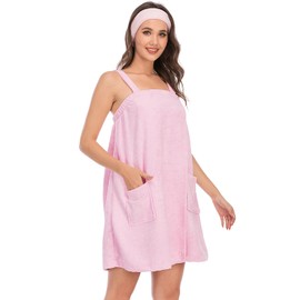 Jamron Women's Adjustable Towel Wrap Bathrobe with Headband for Sports, Shower, Spa & Beach Cover Ups Pink L