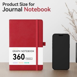 NORDUN Graph Notebook A5 Thick Journal,360 Pages Squared Notebooks for Writing,100gsm Paper Hardcover Leather Journal for Office School Work Women Men,Sticky Tabs,14.5 x 21cm - Red