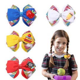 4pcs Back to School Hair Bows Clips for Kids Girls, Yellow School Hair Bows Hairgrips Apple Pen Blackboard Hair Bow Barrette Colorful Hair Bows for First Day of School Kindergarten Hair Accessories