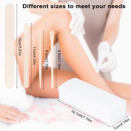 400 Pieces Wax Strips Sticks Kit, HAOTIAN-X 300 Small Medium Large Wooden Wax Applicator Sticks Eyebrow Wax Spatula and 100 Non-Woven Paper Wax Strips for Face Body Hair Removal Women