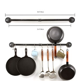 HOEMLIM Pipe Pot Pan Rack Wall Mounted Industrial Utensil Lid Holder Cookware Hanger Kitchen Organizer Hanging Bar Rail with S Hooks(36 inch,Black Gray)