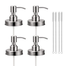 4 Pack Mason Jar Soap Dispenser Lids with Pumps, Rustproof Stainless Steel, Lotion Soap Dispenser Lids Replacement for 16 oz Regular Mouth Mason Jar Decor, 4 Brushes Included Silver