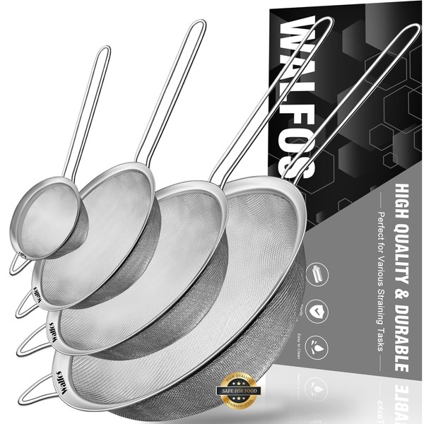 Walfos Fine Mesh Strainers Set, Premium Stainless Steel Colanders and Sifters, with Reinforced Frame and Sturdy Handle, Perfect for Sift, Strain, Drain and Rinse Vegetables, Pastas and Tea - 4 Sizes