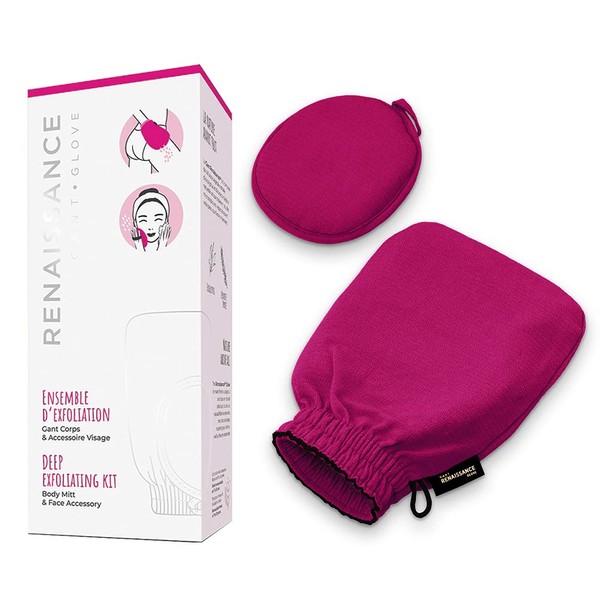 Renaissance Glove a body Exfoliating Mitt with face scrubbing accessory by Daniele Henkel – Vegan more effective & resistant than a loofah, brush or scrub sponge bath -100% natural (Royal Magenta)