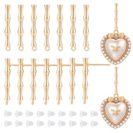 BENECREAT 16Pcs Real 18K Gold Plated Brass Stud Earring Findings, Bamboo Shape Earring Finding Plugs with 40Pcs Plastic Ear Nuts for Earring Making Supplies