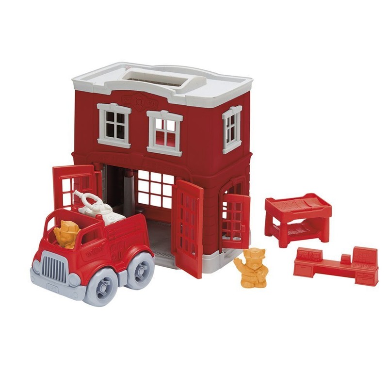 Green Toys Fire Station Playset - 8 Piece Pretend Play,