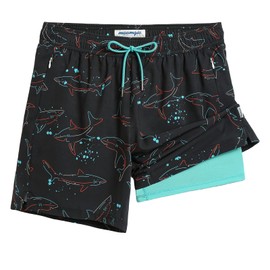 maamgic 7 Inch Mens Swim Trunks with Compression Liner Board Shorts with Zippered Pocket Bathing Suit for Beach Vacation Black and Blue Luminous Shark X-Large