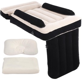 Plumb Line Products New 2025 Toddler Airplane Bed – Travel Bed & Airplane Seat Extender for Kids with Carry Bag, Air Pump, Pillow & Blanket – Black & Beige