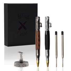 Affinity Caliber - Bolt Action Pen Ballpoint Pen - Bullet Pens (Set of 2) with Refills, Rifle Clip, and Silver Holder - Mahogany & Ebony Wood Pen Grip - Gift For Dad, Boyfriend, Husband, Fancy pen