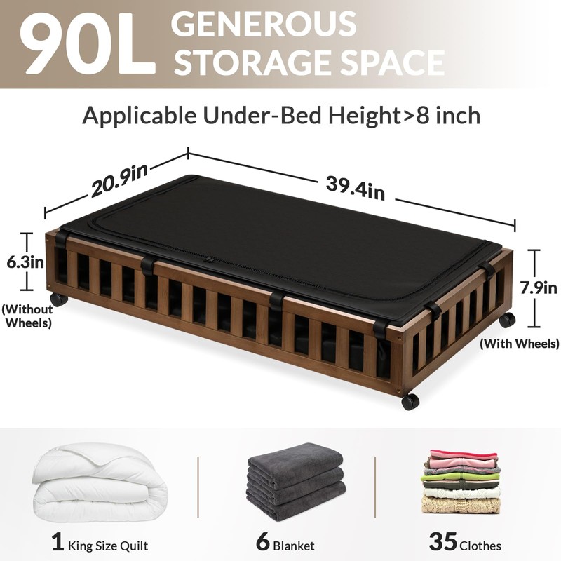 Gashell 2 Pack Bamboo Under Bed Storage with Wheels, 39”x20”x7.8”