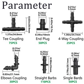 Aienxn 340PCS 1/4" Drip Irrigation Kit Barbed Connectors, Straight Barb, Tee, Single Barb, End Plug, Elbow, 4 Way Coupling Irrigation Fittings for Garden Lawn Flower Pot